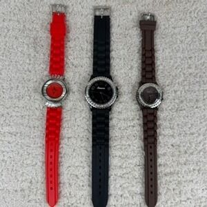 Geneva Women Silicone Band Watch Lot Red Black Brown Rhinestone Bezel 3pc Bundle